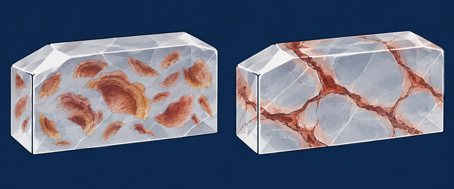 Fire quartz: fan-shaped features and colour in fissures. Rounded and fan-shaped features: Curved bands and radiating textures illustrate the red and yellow flower-like appearance discussed here. Colour along fissures: Colour can concentrate along fissures. Shape or colour distribution alone does not establish whether a stone is natural or treated.