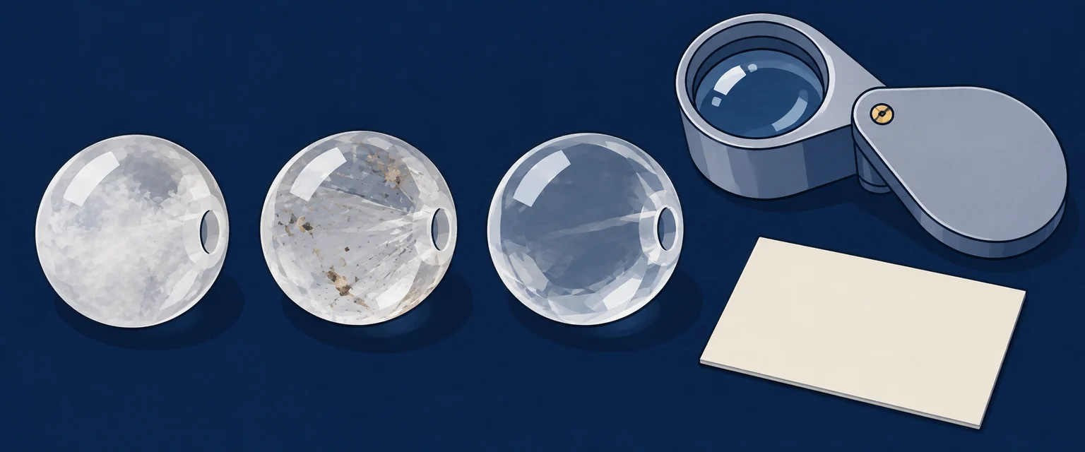 Clarity alone does not identify a bead. Notice the differences: Clouds, inclusions and clarity are starting points for observation. Clarity is not a verdict: These three appearances alone cannot establish material, origin or treatment.
