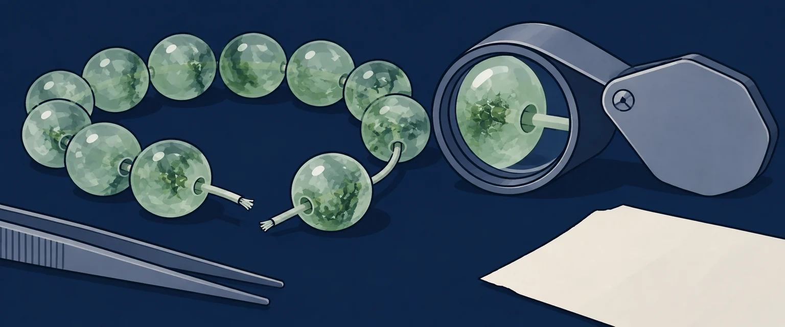 A broken cord prompted a closer look. What prompted the inspection: A broken cord and a loose bead led to closer examination. This illustration is not a test result.