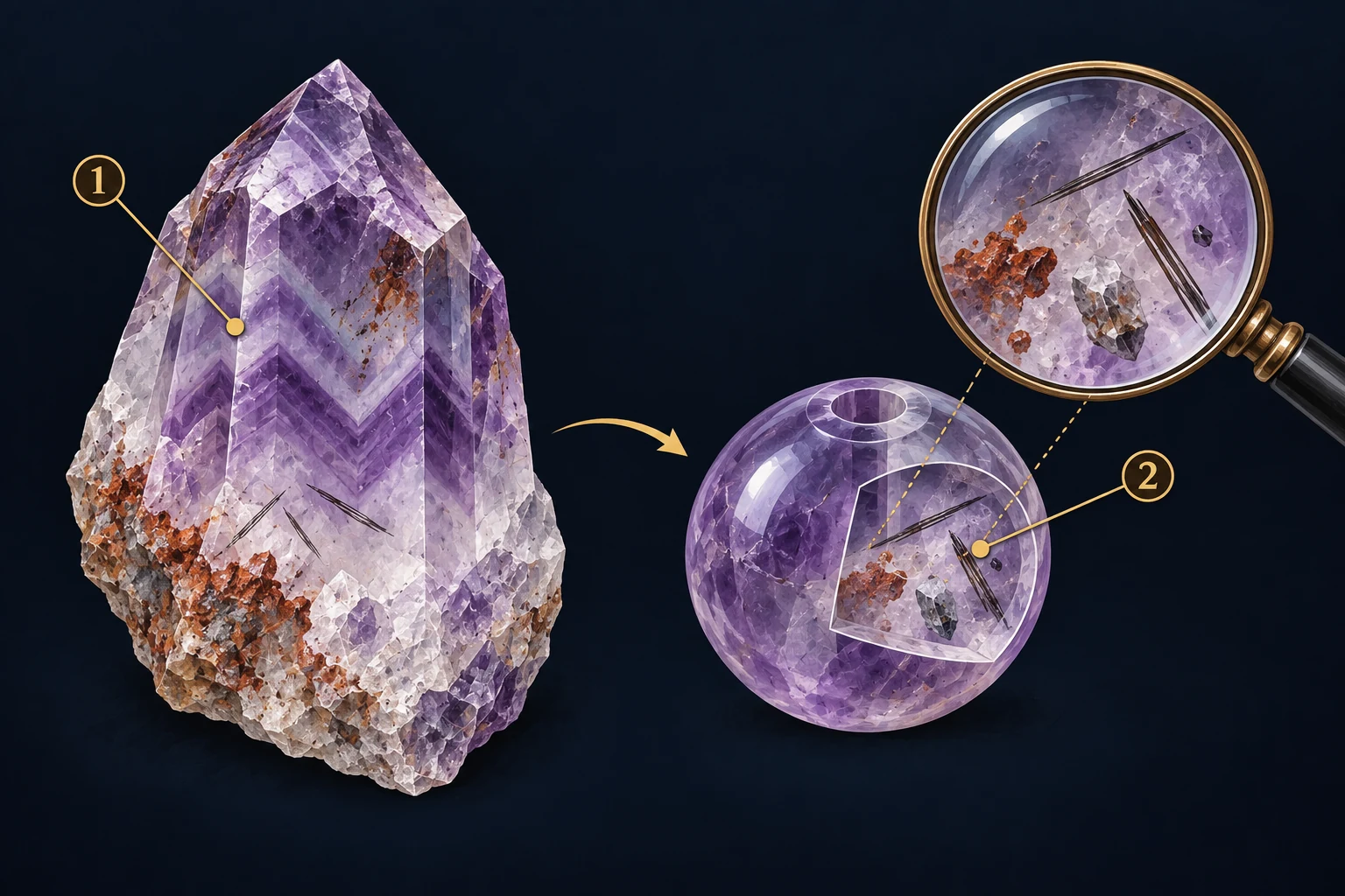 Included amethyst, examined at bead scale. 1: Included amethyst. The crystal contains differently shaped mineral inclusions. 2: One bead, viewed closely. Examine the inclusions in the individual sample; a trade name is not a count of its minerals.