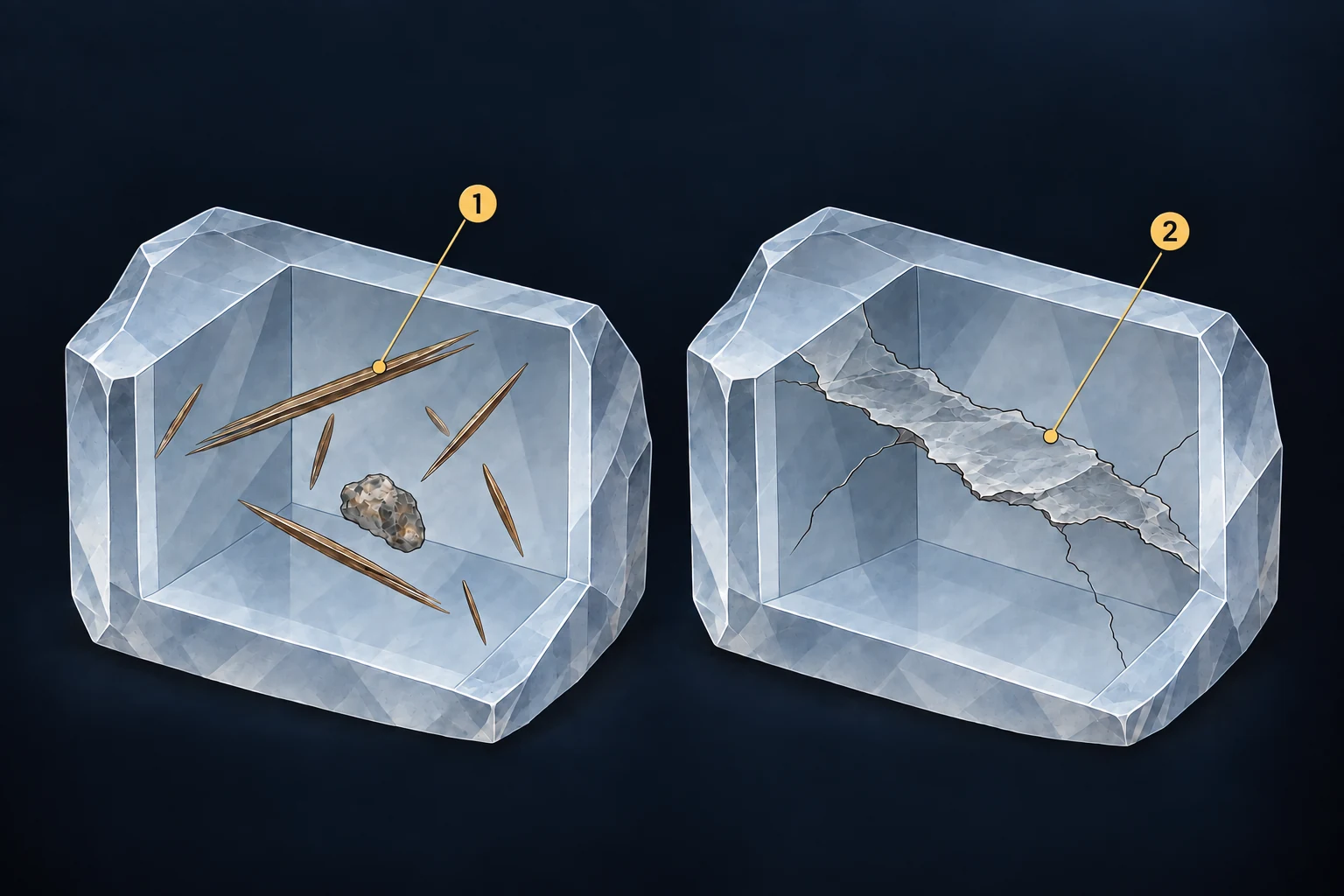 Mineral inclusions and fractures. 1: Mineral inclusions. Other minerals embedded in quartz are not, by themselves, an existing fracture. 2: A fracture. Pay attention to the position and extent of the fracture inside the quartz.