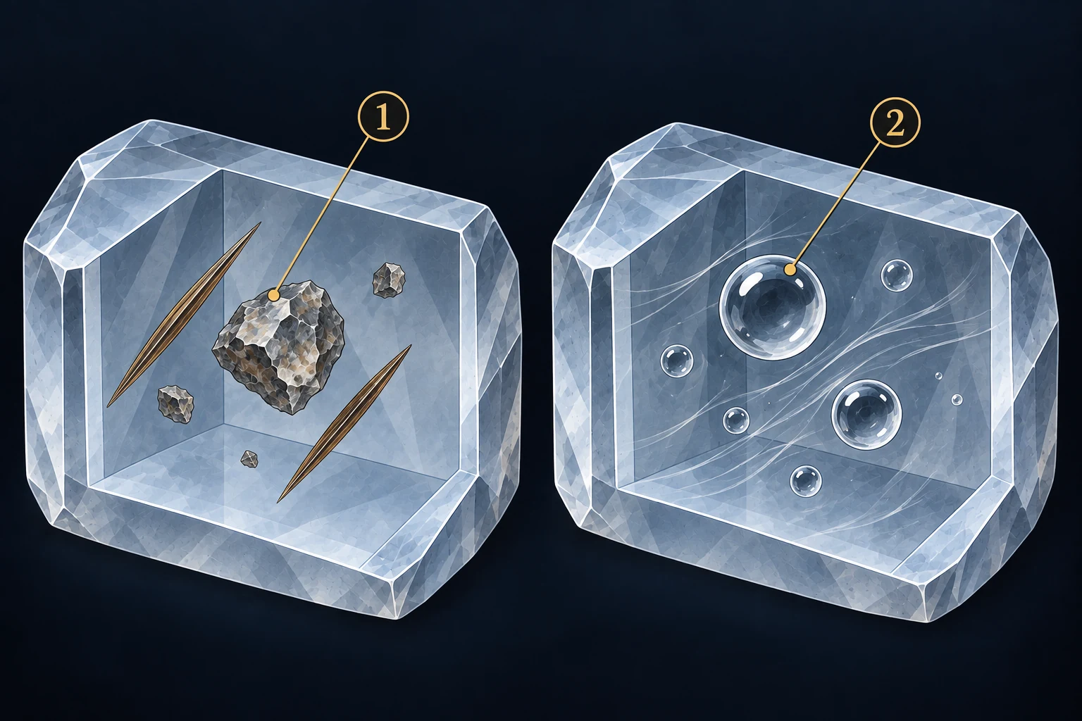 Look at the inclusion's shape. 1: Solid inclusions in quartz. Angular grains and needle-like minerals are the features shown here. 2: Gas bubbles in glass. Rounded bubbles and curved flow lines are shown in this glass example.