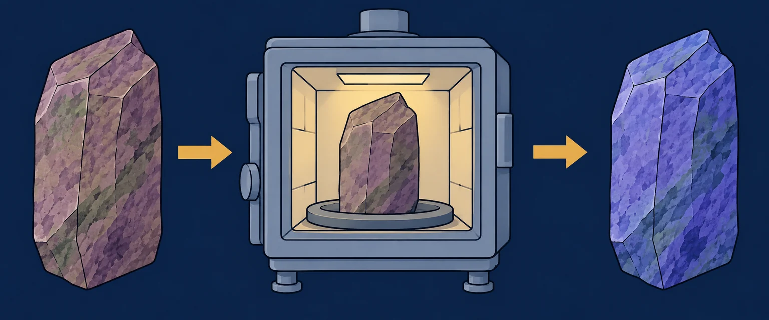 Tanzanite: heating and colour. Brownish zoisite: The starting material is shown with a brownish colour component. Controlled heating: The furnace represents heat treatment, not a home-treatment recipe. Blue-violet appearance: Heat treatment can reduce the brown component and reveal blue-violet colours.
